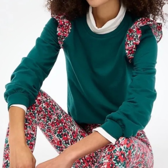 J. Crew Green Sweatshirt with Ruffle Sleeve Size Medium - Picture 2 of 16